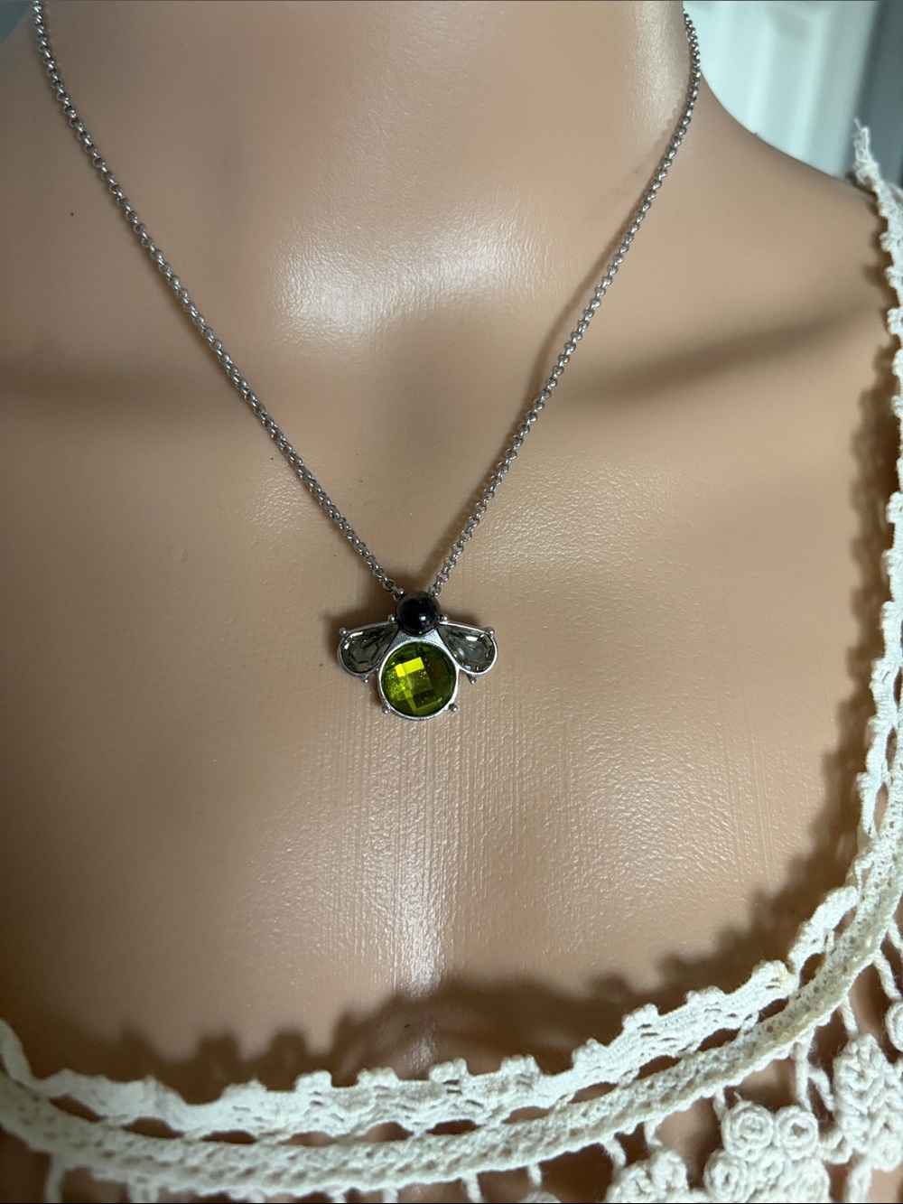 Lia Sophia Silver-Tone Bee Necklace with Green Gem Pendant
